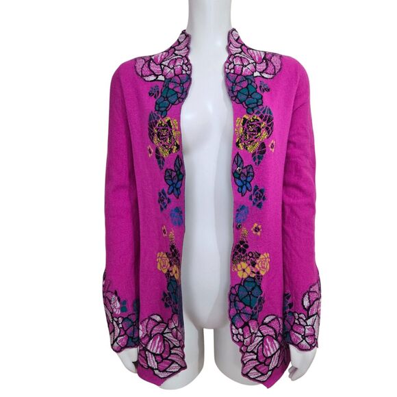 Ivko Cardigan Longer Sweater Size 36/S Superfine Merino Wool Floral Pink Fuchsia - Picture 3 of 16